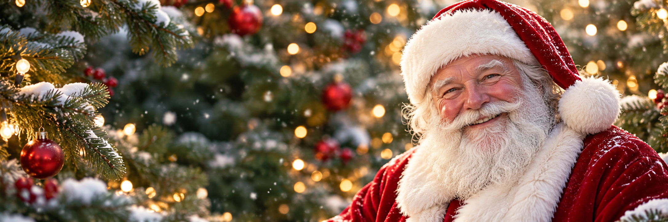Le Père Noël souriant, dans un décor de Noël.