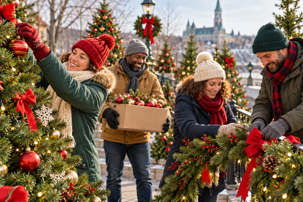 Illustration de bénévoles adultes préparant ensemble des décorations de Noël.