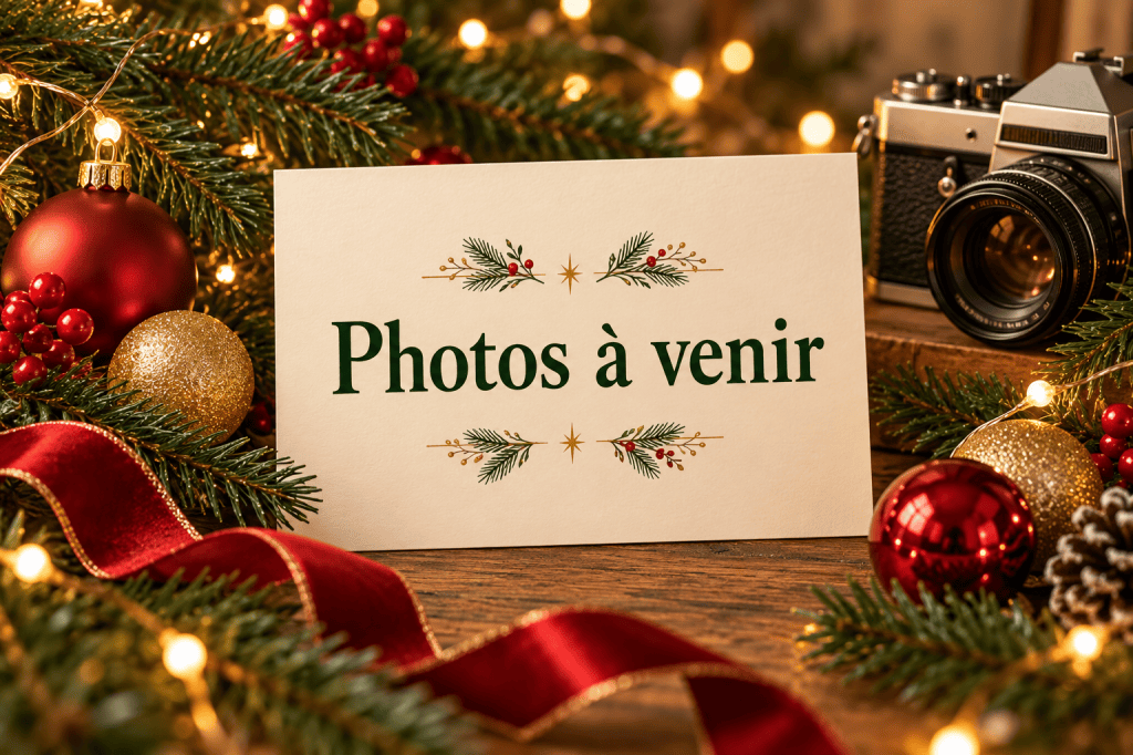 Illustration d’une carte « Photos à venir » entourée de décorations de Noël et d’un appareil photo.