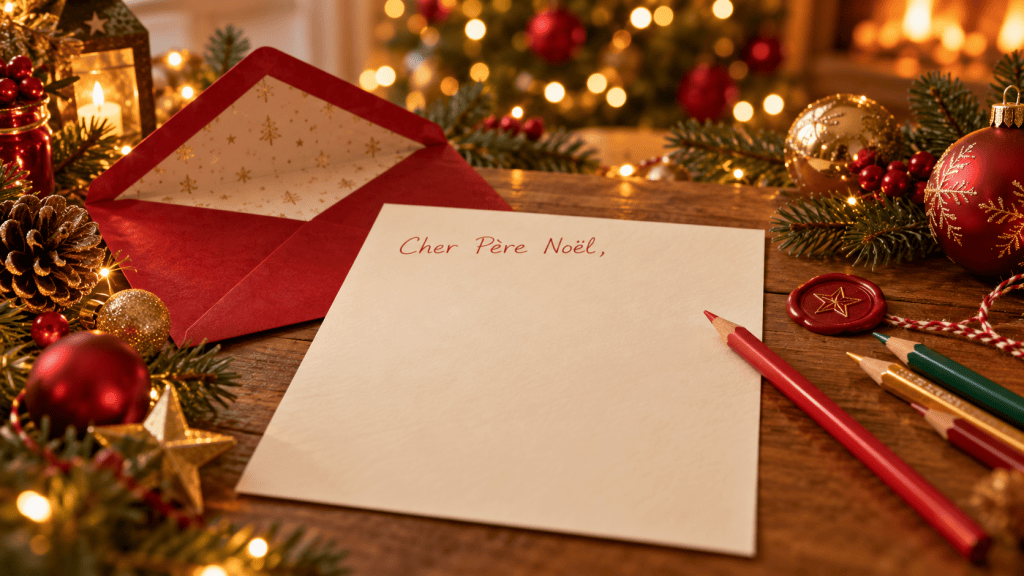 Illustration d’une lettre au Père Noël entourée de décorations de Noël.