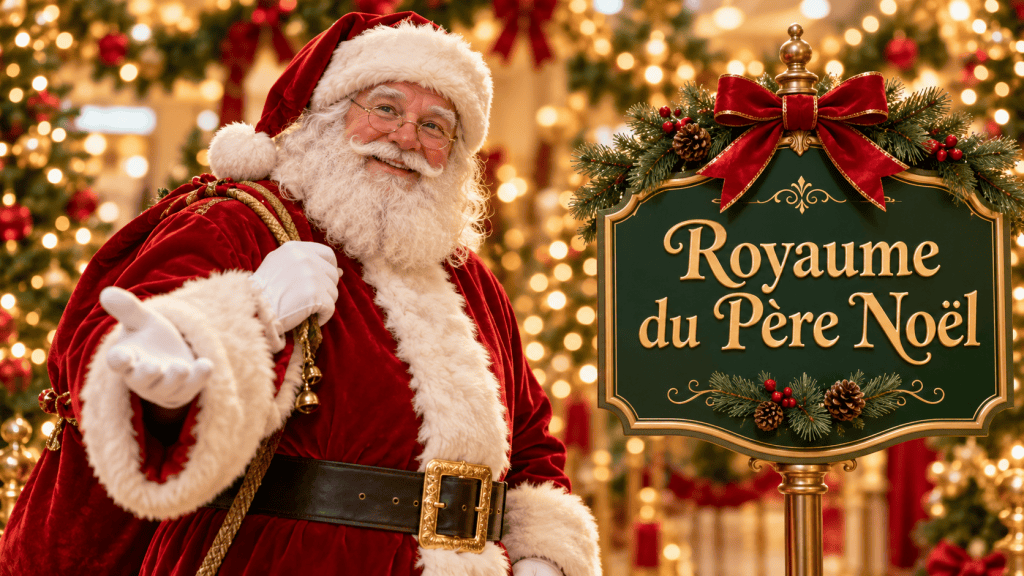 Illustration du Père Noël devant une affiche Royaume du Père Noël, avec un décor flou en arrière-plan.