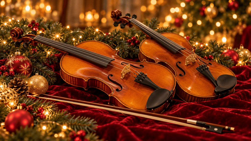 Illustration de violons dans une ambiance de Noël.